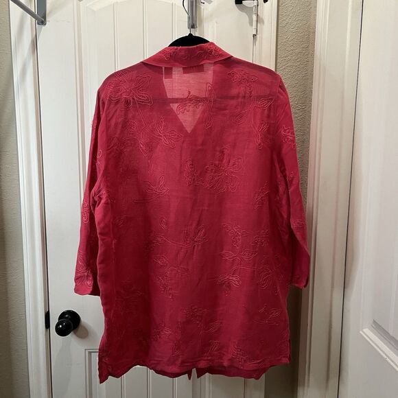 Marsh Landing Pink Floral Embroidered Linen Blend Button Up Top Womens Size L - Picture 10 of 13